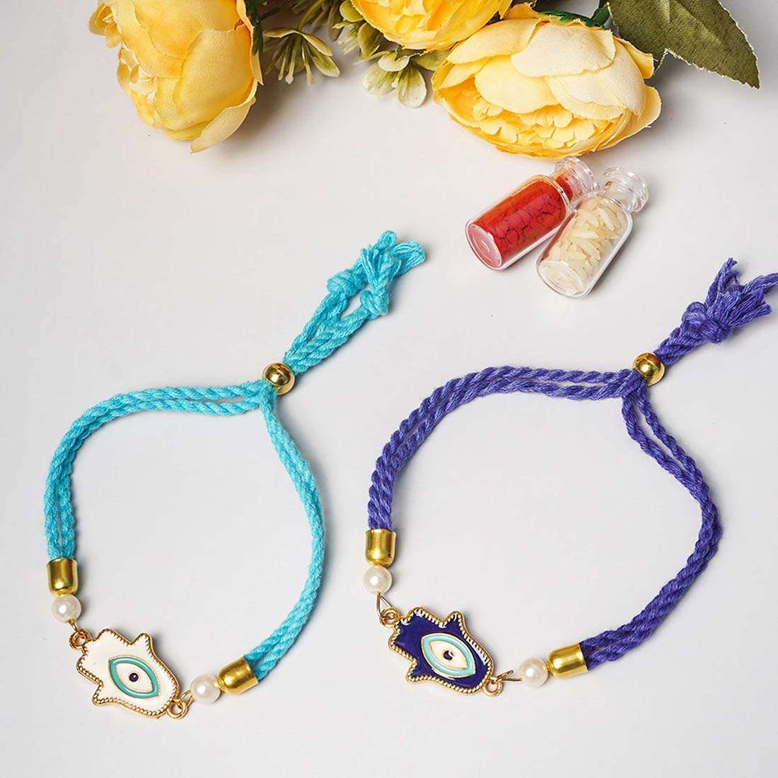 Dark Blue & White Hamsa Hand Evil Eye Rakhi Set For Bhaya 
