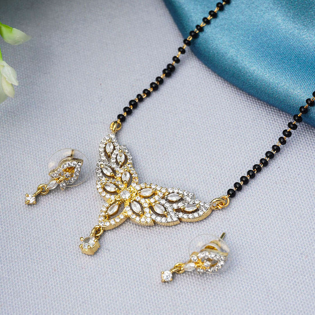 Dark Gold-Plated AD-Studded and Beaded Mangalsutra With 