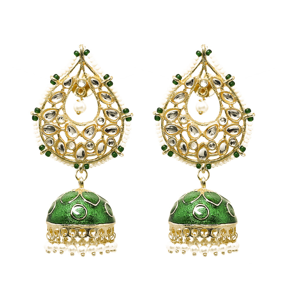 Dhriti Golden Pearl Green Jhumkas