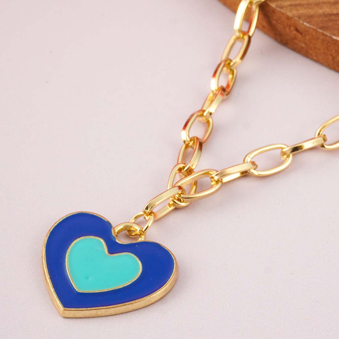 Double Toned Blue Heart Chain Necklace
