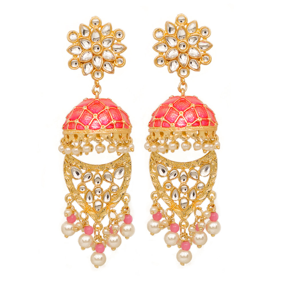 Farzeen Golden-Pink Jhumki Stonework Chandbali Earrings