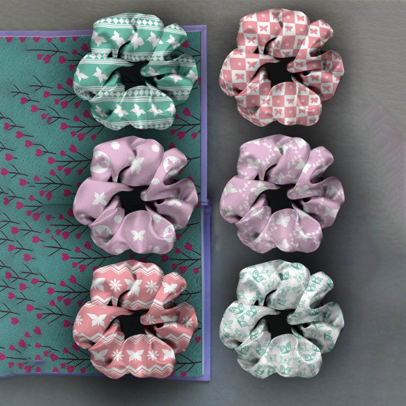 Ferosh Pastel Lilac Green & Pink Scrunchies Set of 6