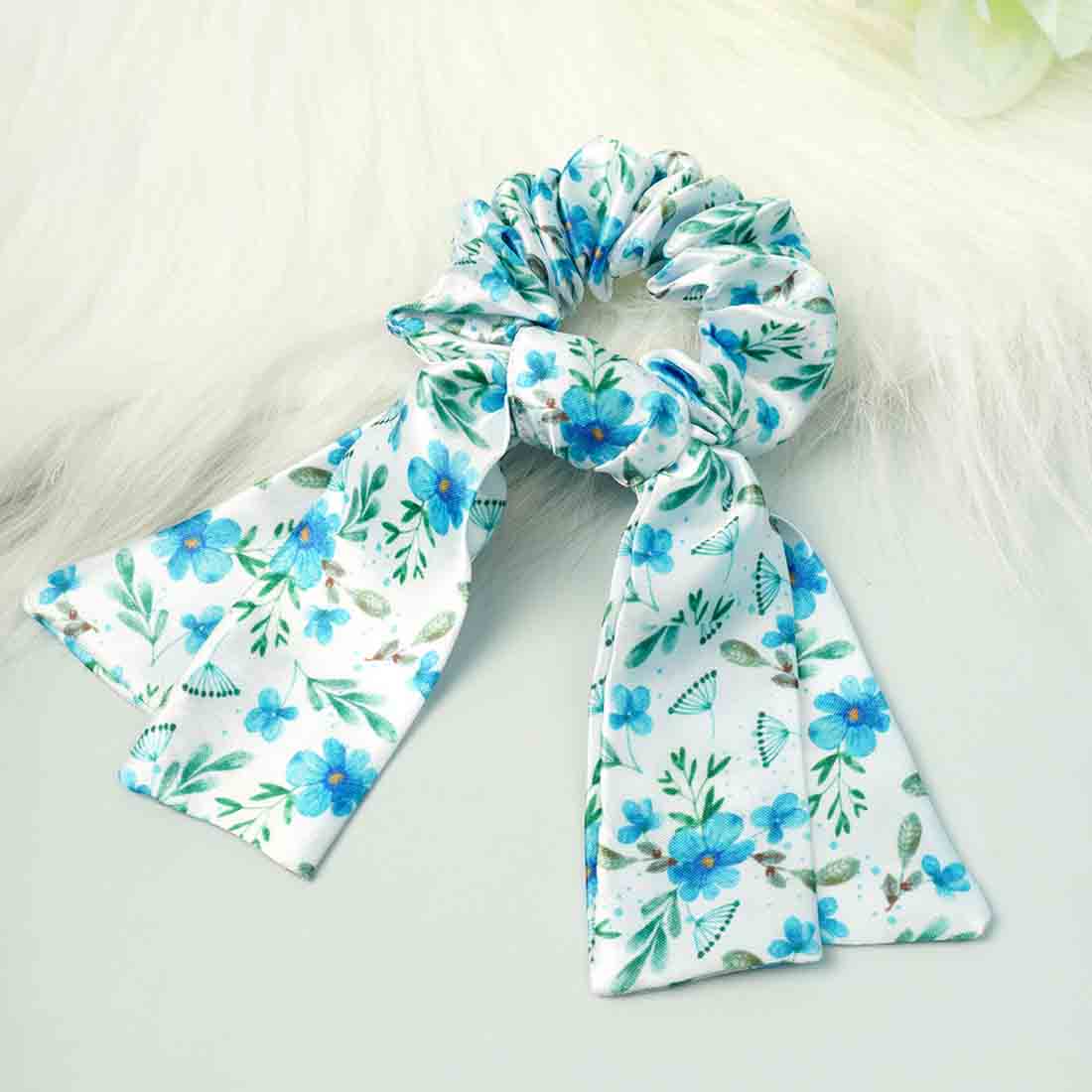 Ferosh White & Sky Blue Floral Tail Scrunchie