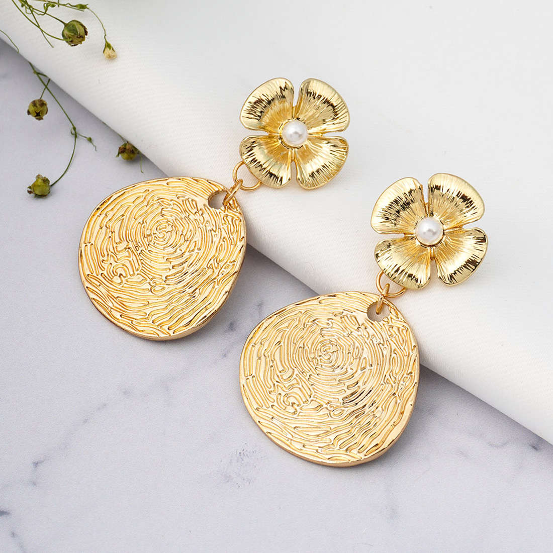 Flower Textured Gold Dangling Earrings
