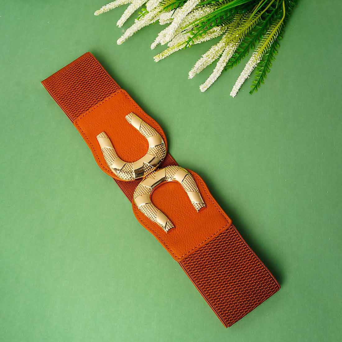 Gold Buckled Wide Brown Belt
