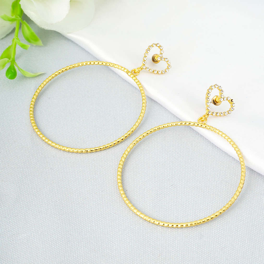 Gold Crystal Heart Ring Earrings
