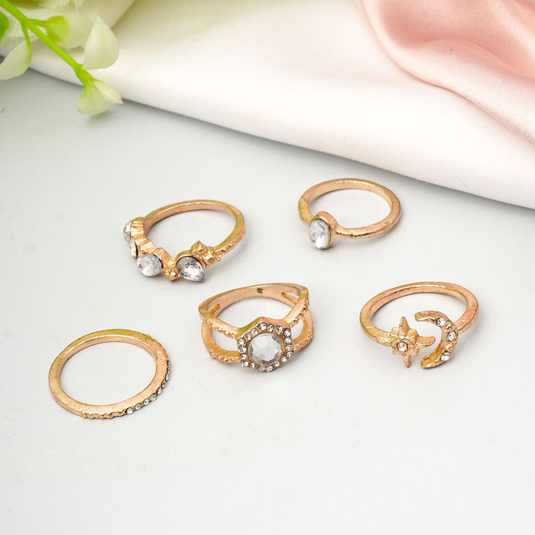 Gold Crystal Ring Set of 5