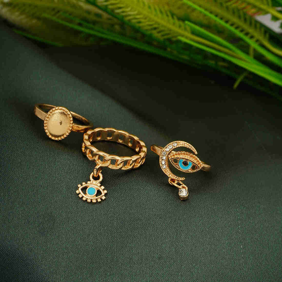 Gold Evil Eye Charm Ring Set of 3