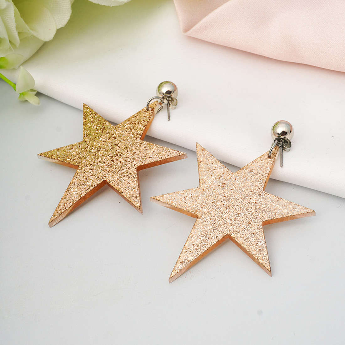 Gold Glittered Star Danglers
