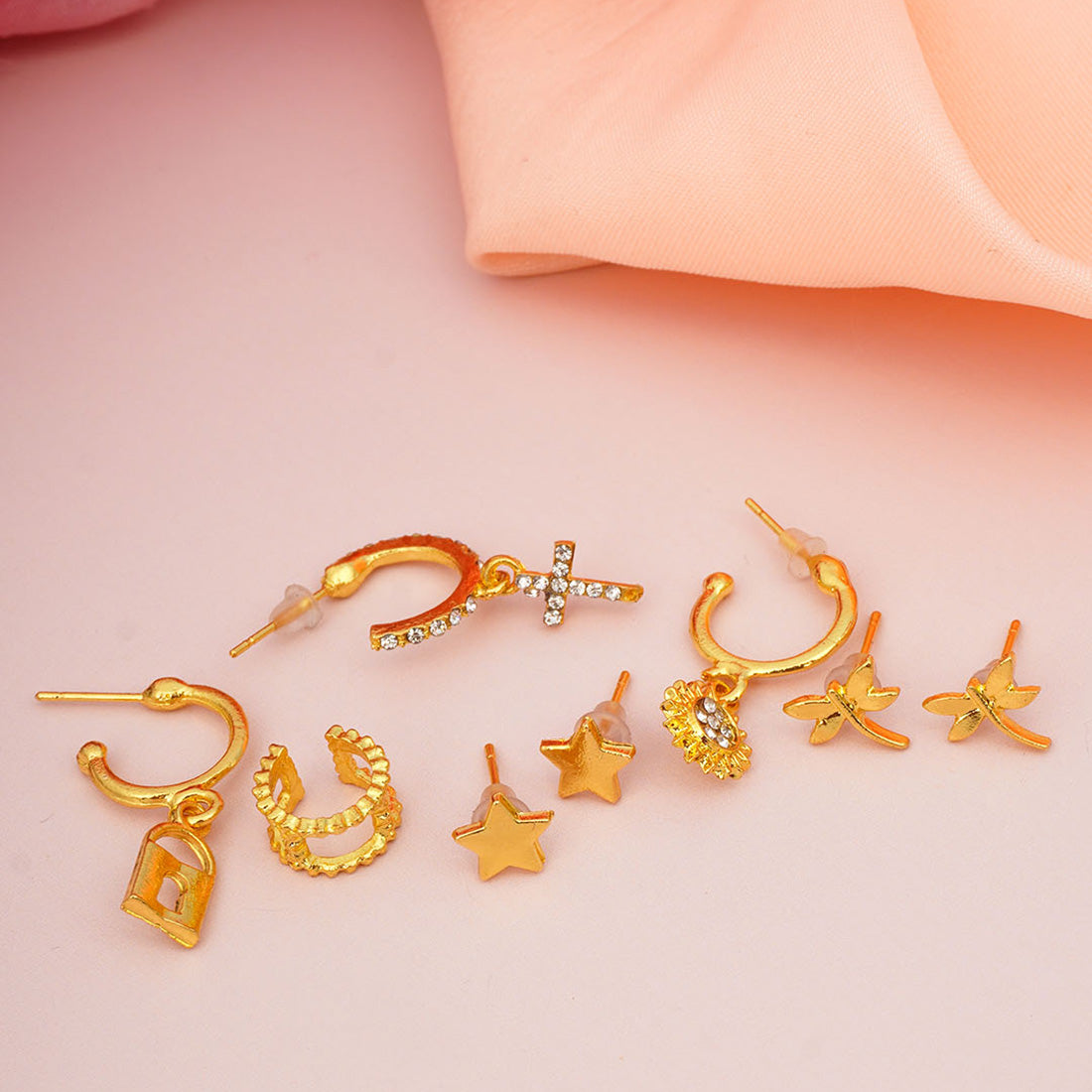 Gold Lock & Cross Earring Set Of 8