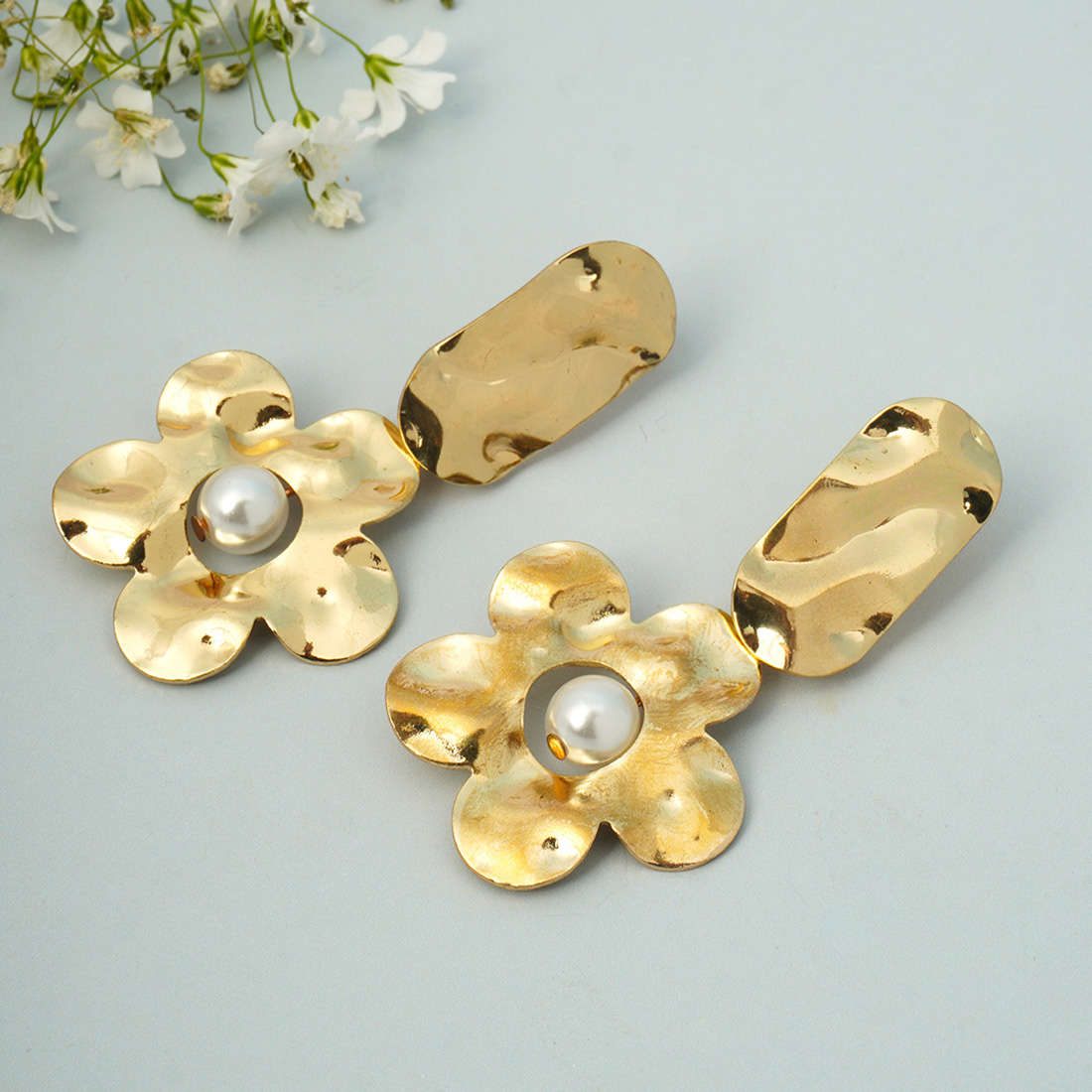 Gold Pearl Center Floral Danglers
