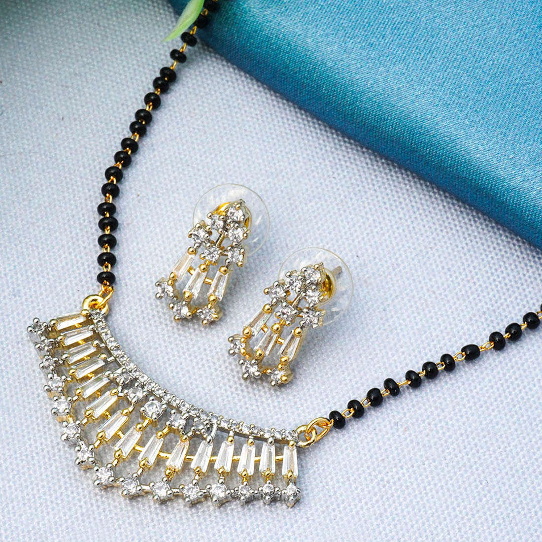 Gold-Plated AD Studded and Beaded Mangalsutra Earring