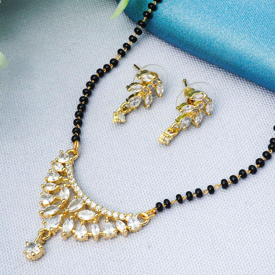 Gold-Plated AD Studded and Beaded Mangalsutra & Earring