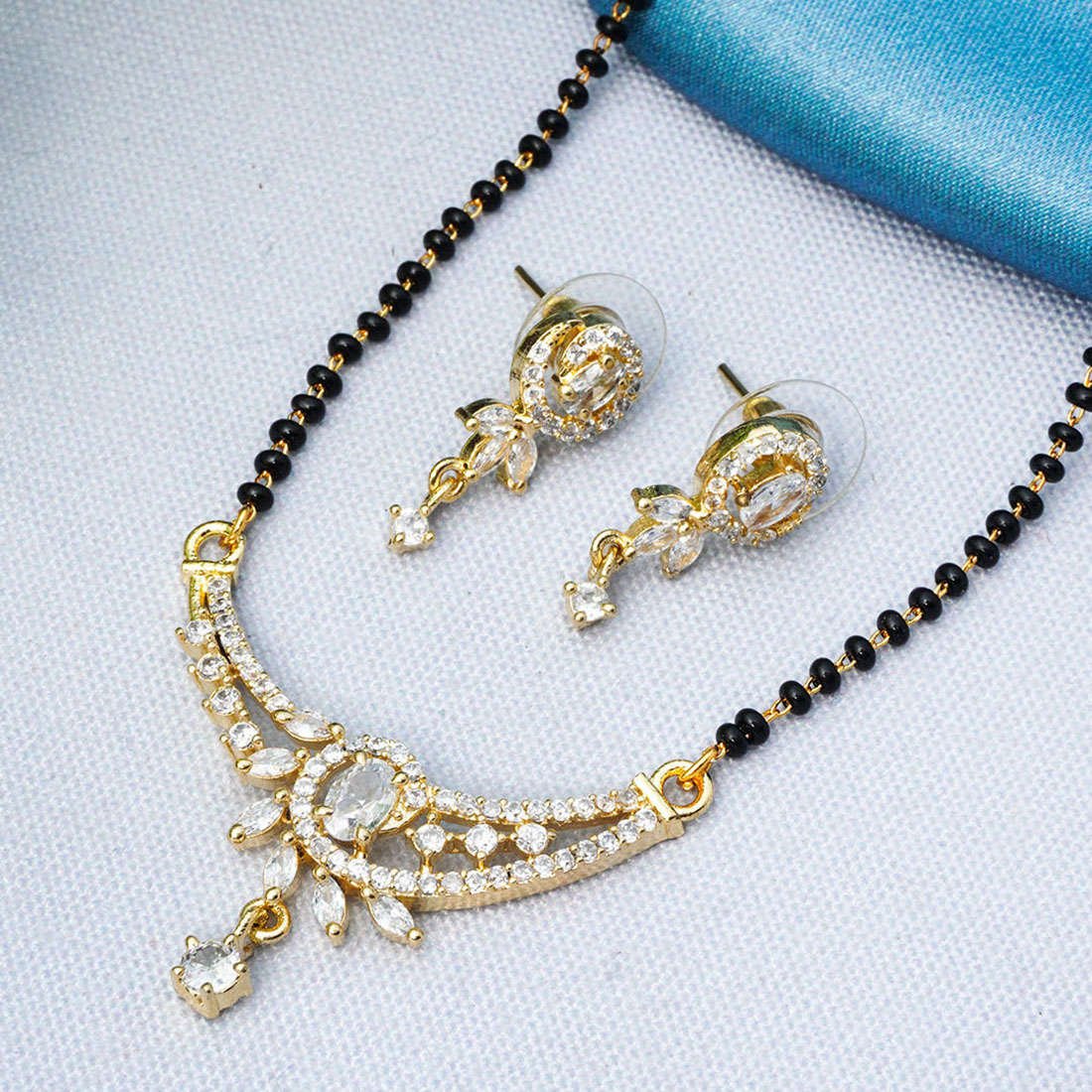 Gold-Plated AD Studded & Beaded Mangalsutra With Earring