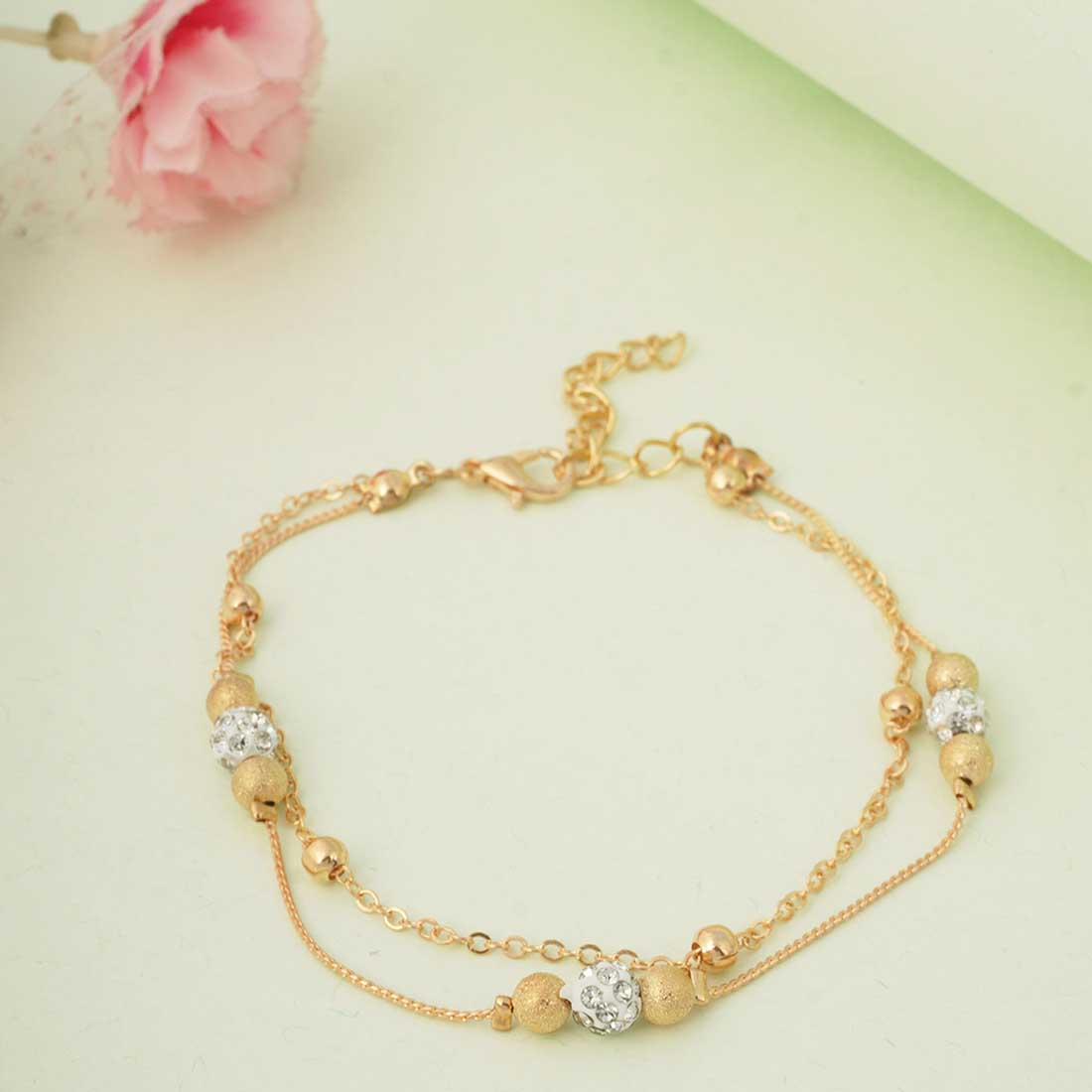 Gold Rhinestone Beaded Layered Anklet