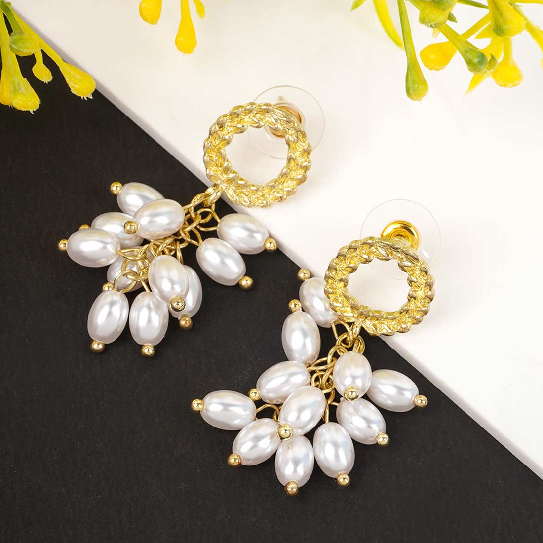 Gold Ring Pearl Drop Earrings
