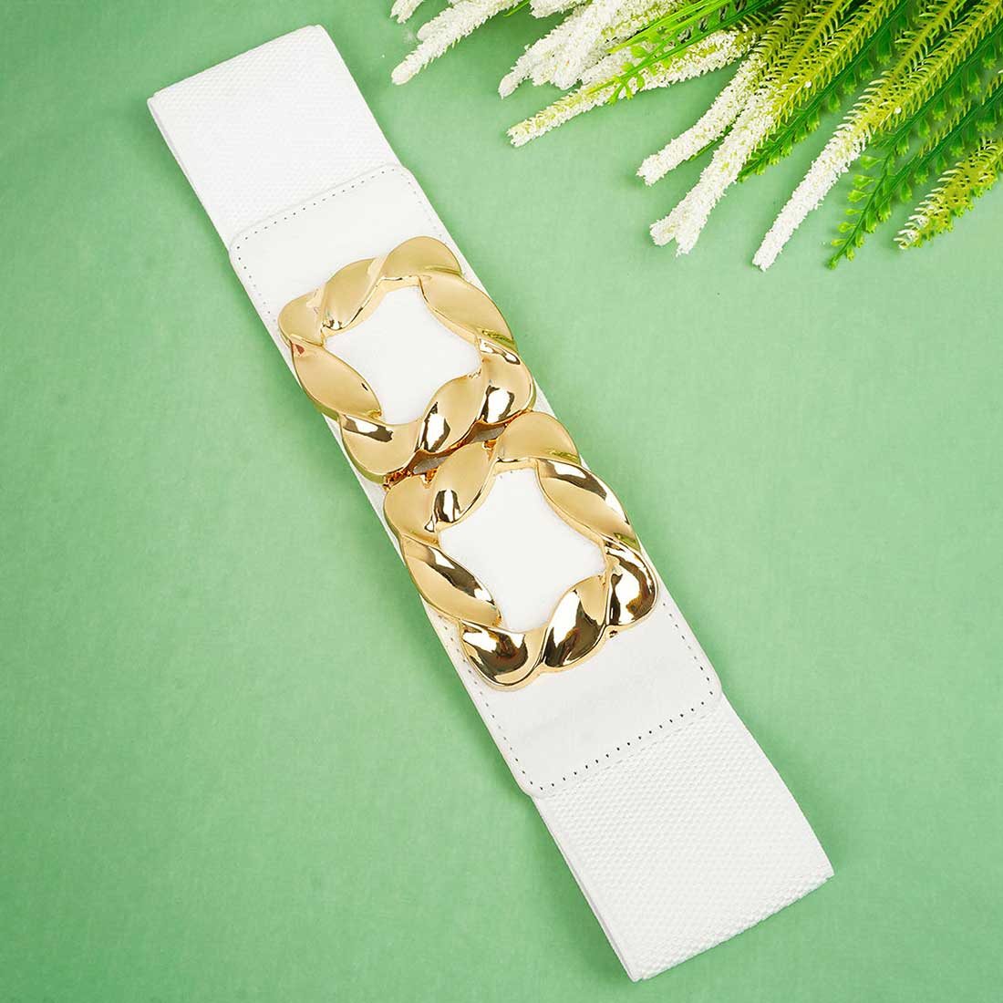 Gold Square Buckle White Belt
