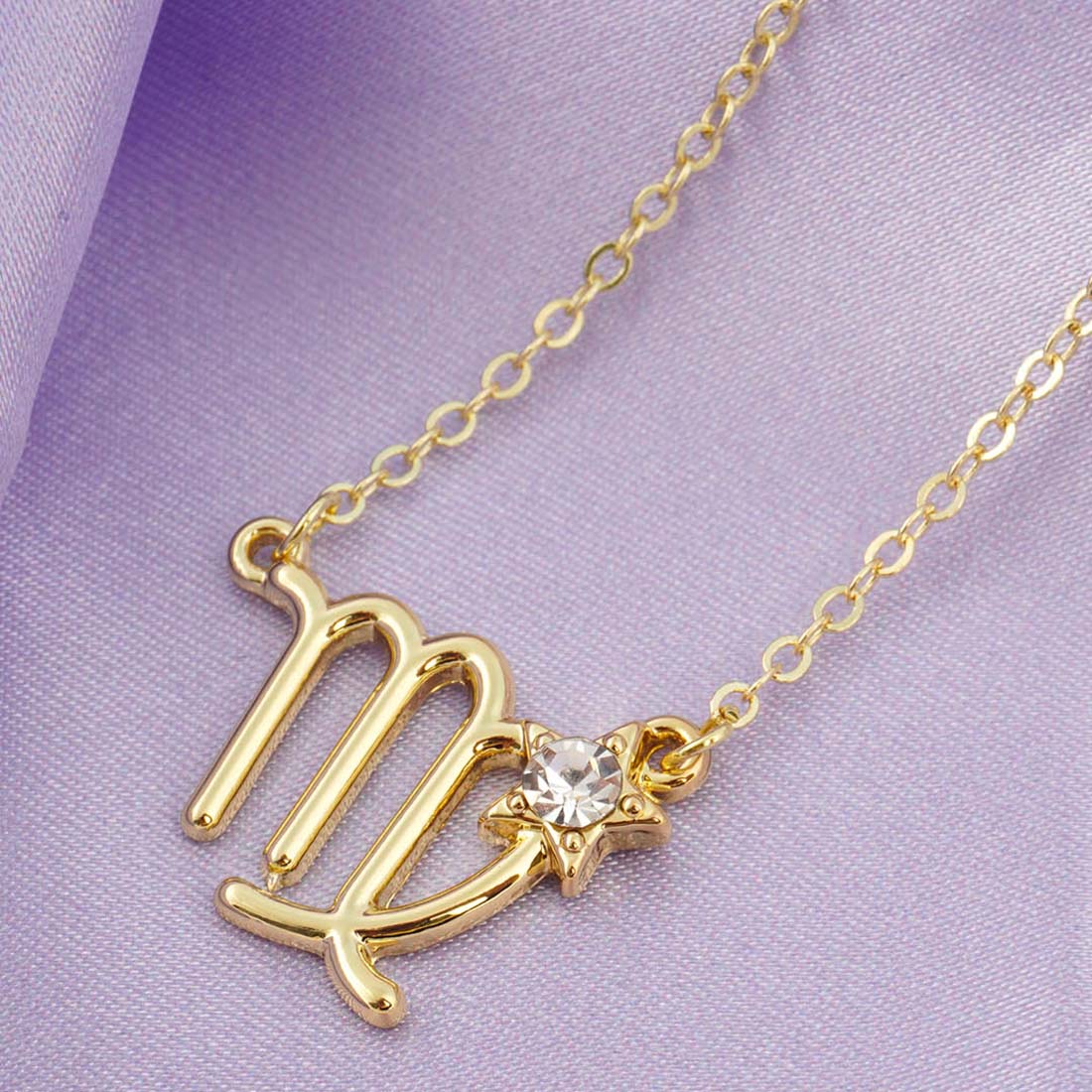 Gold-Toned Crystal Studded Star Virgo Shaped Pendant With Chain