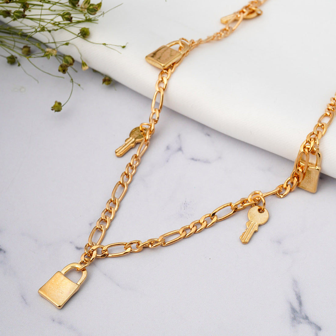 Gold-Toned Lock & Key Charm Necklace
