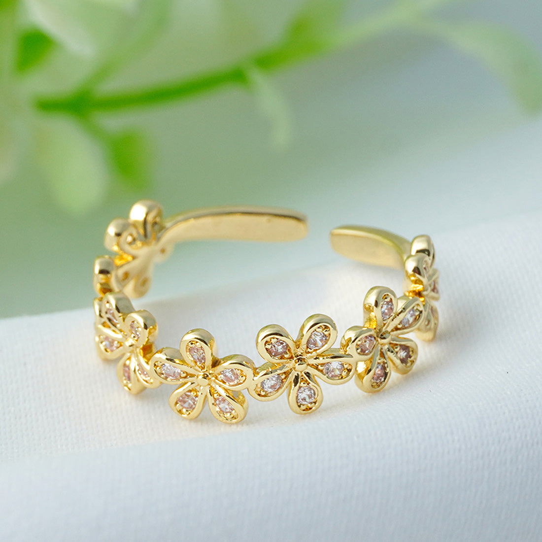Gold-Toned Stone Studded Floral Finger Ring