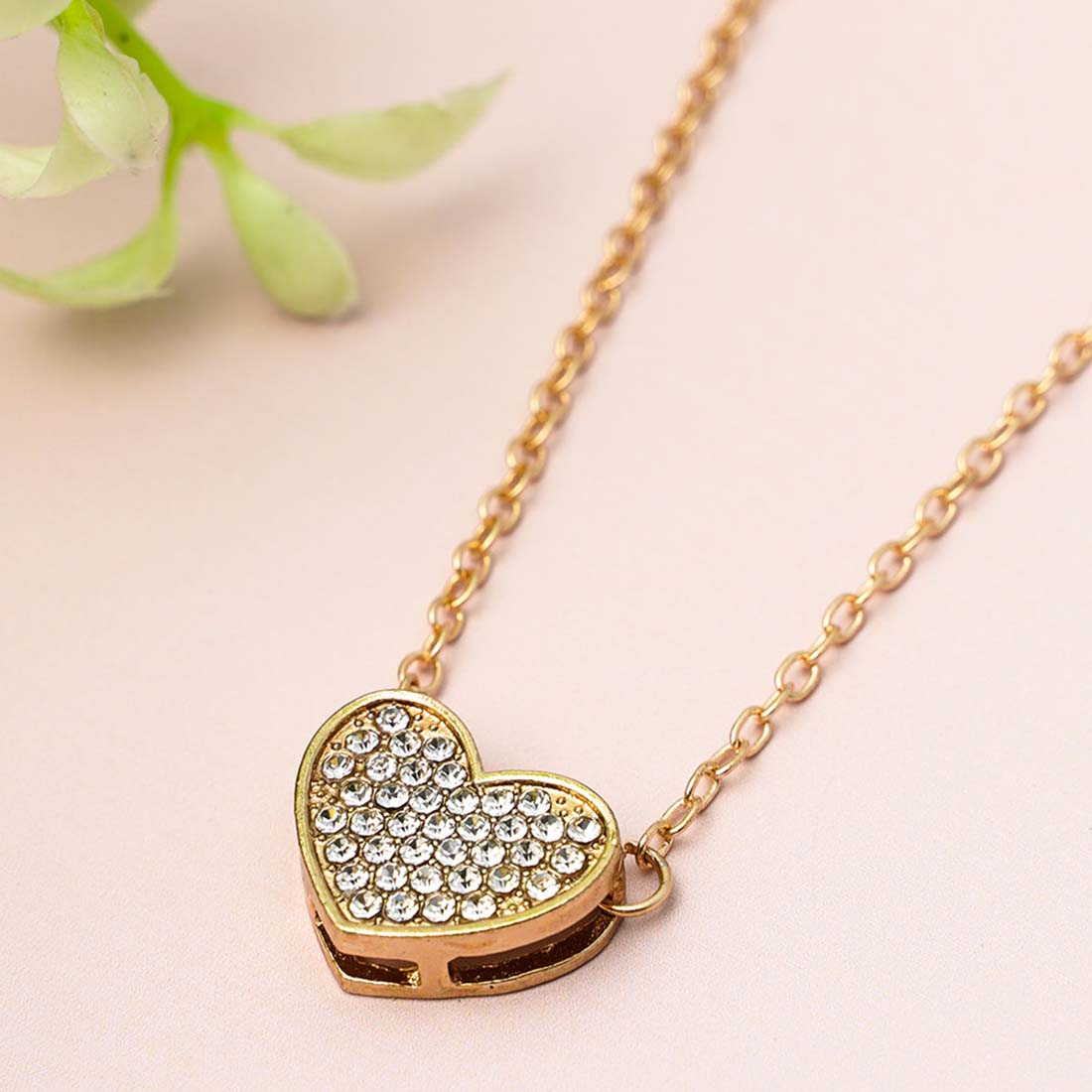 Gold-Toned Stone Studded Heart Pendant With Chain