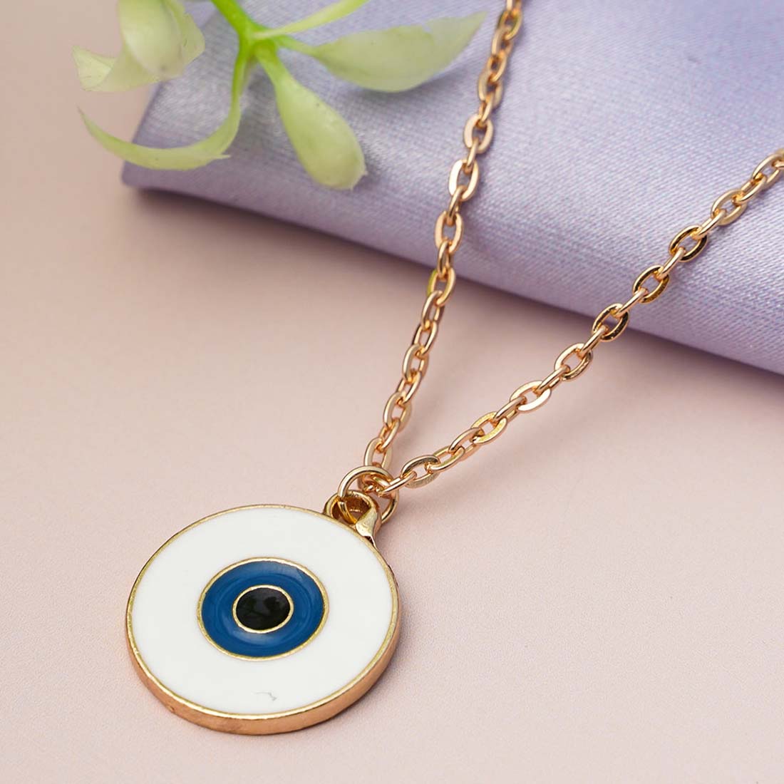Gold-Toned & White Artificial Stone Studded Disk Evil Eye Pendant With Chain