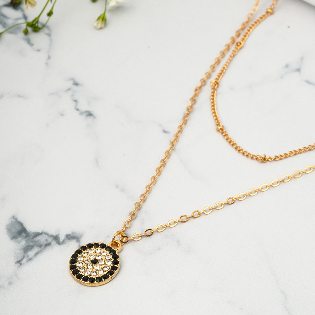 Gold-Toned & White Crystal Coin Necklace