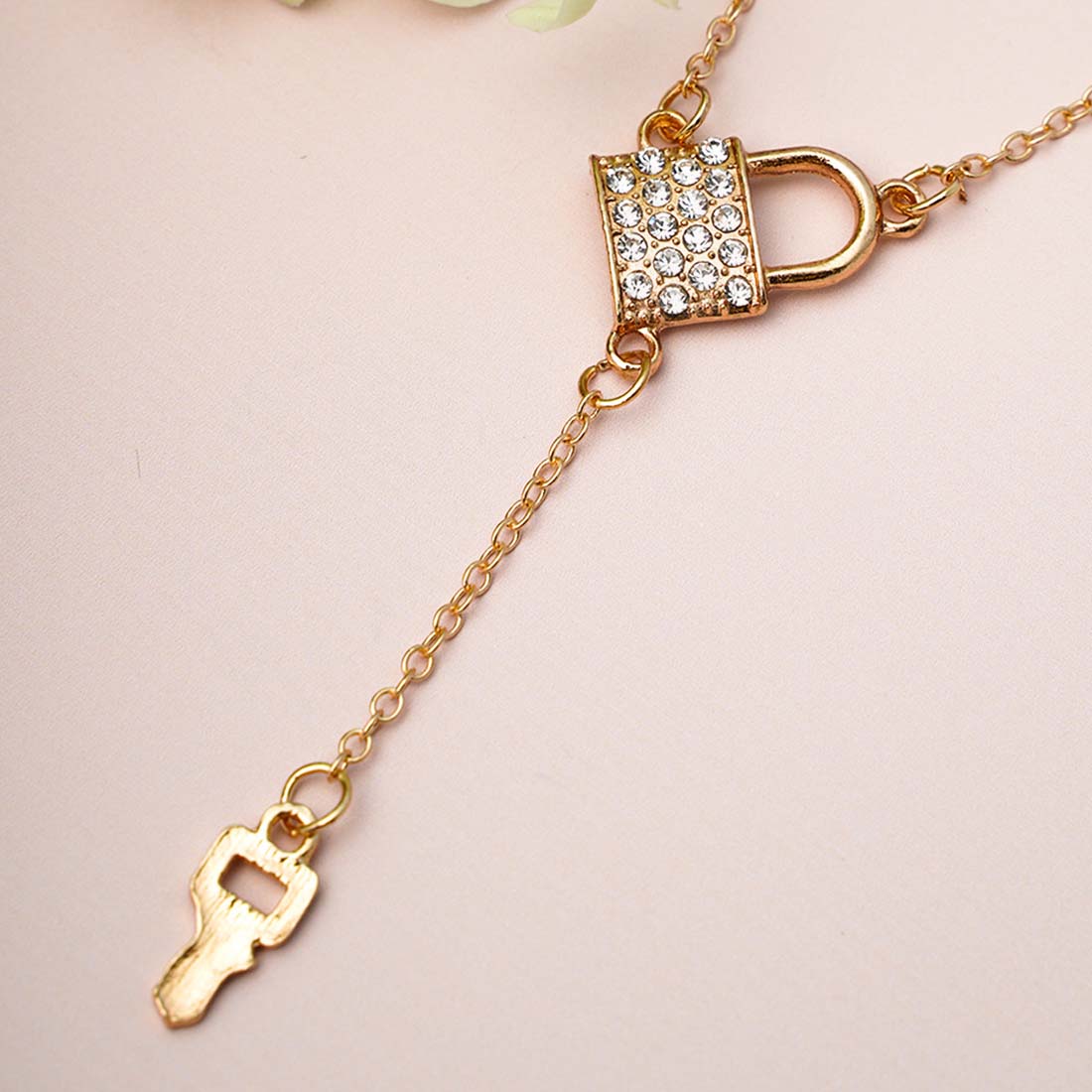 Gold-Toned & White Rhinestone Lock & Key Chain Necklace