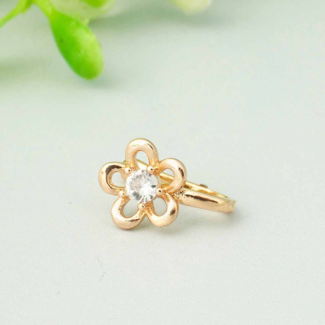 Gold-Toned & White Rhinestone-Studded Flower Nose Ring