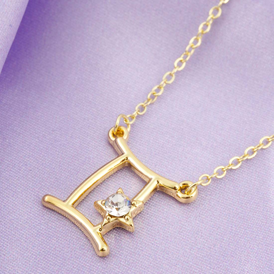 Gold-Toned White Stone-Studded Star Gemini Pendant With Chain