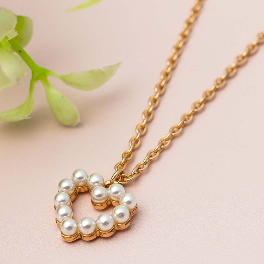 Gold & White Pearl Studded Heart Pendant With Chain