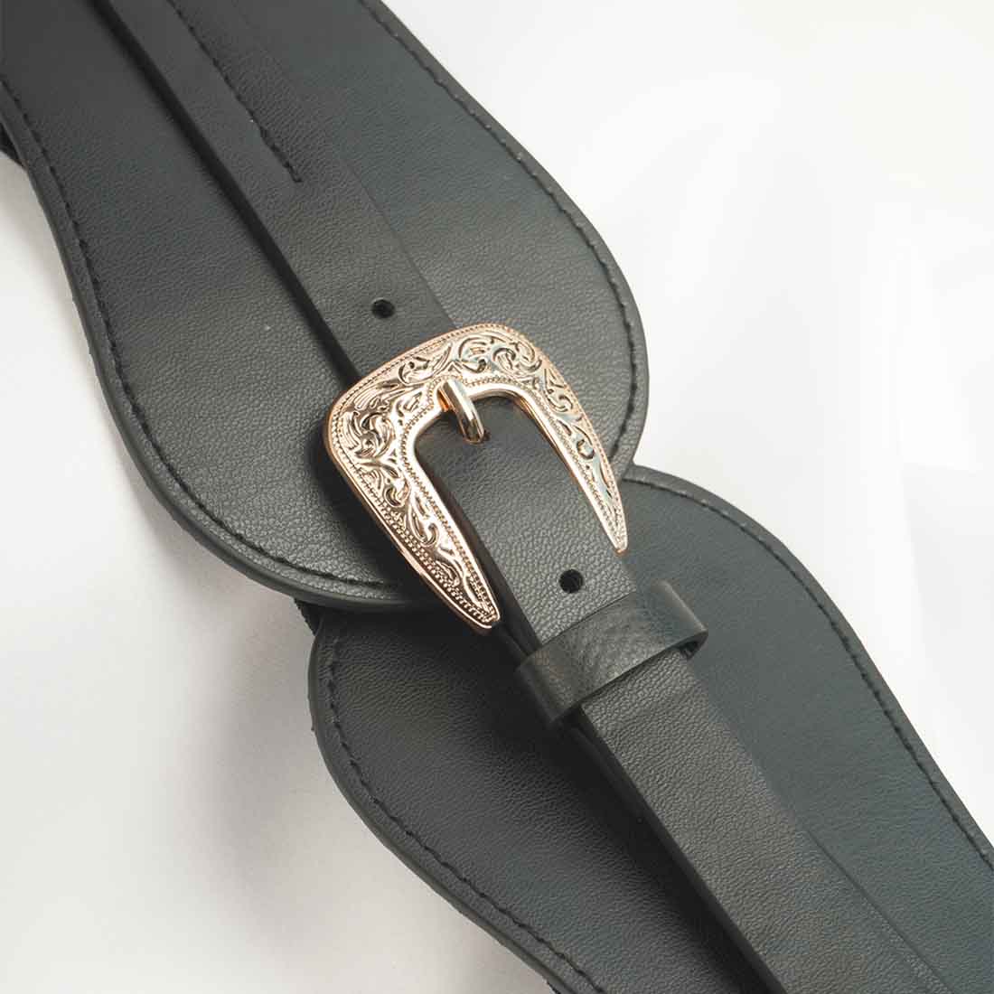 Golden Buckle Wide Waist Black Belt