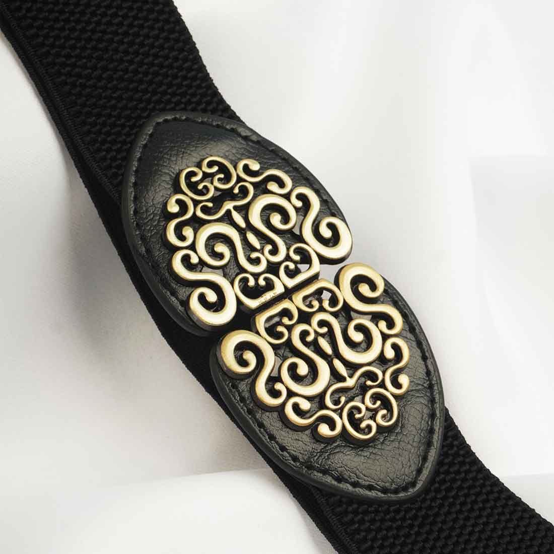 Golden Embroidered Buckle Black Belt