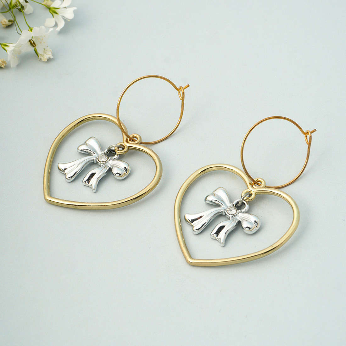 Golden Heart Silver Bow Earrings

