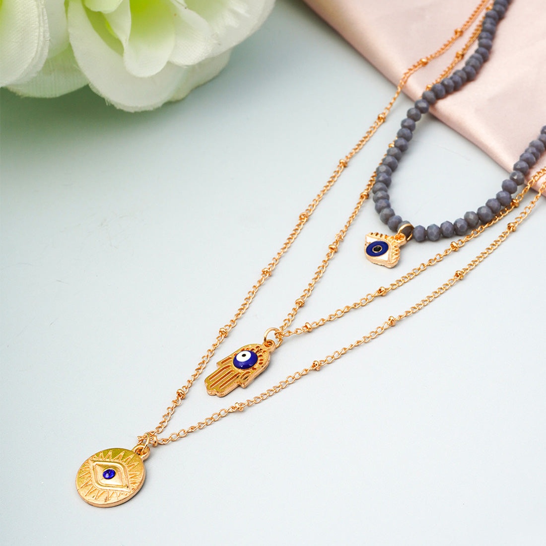 Gray Stone Evil Eye Hamsa Layered Necklace