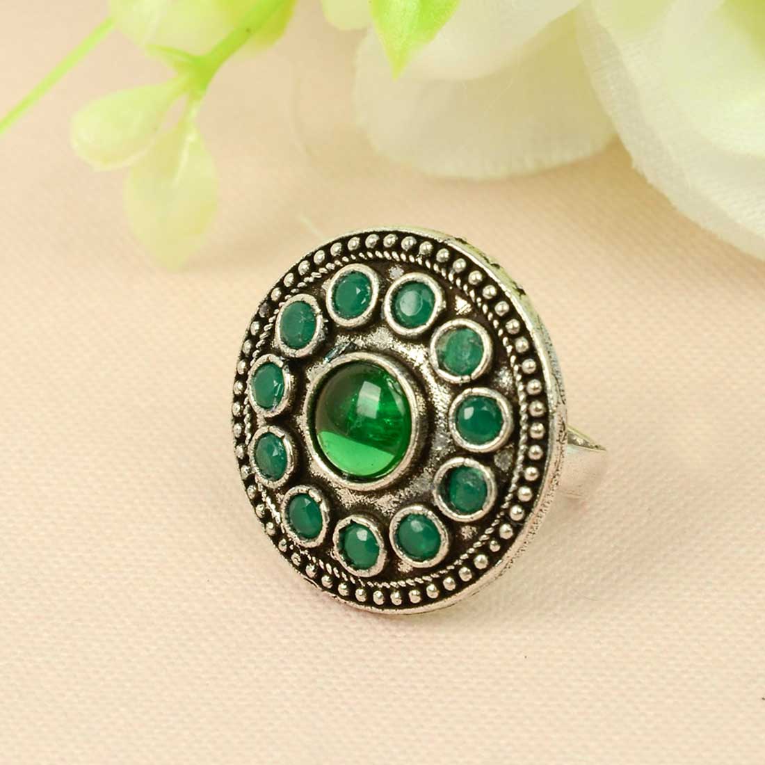 Green Crystal Oxidized Circular Ring