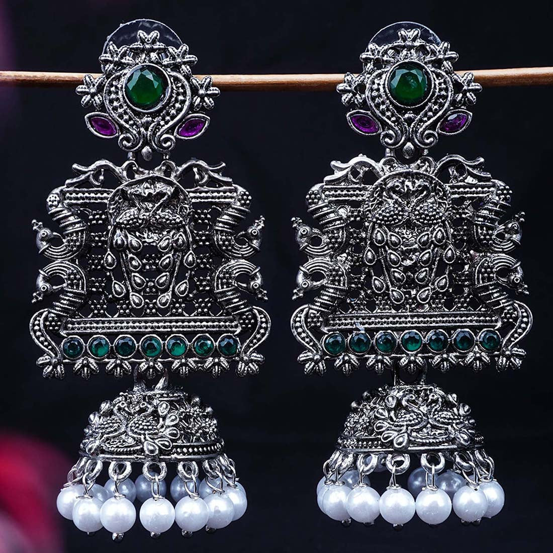 Green Crystal Oxidized Silver Ethnic Earrings