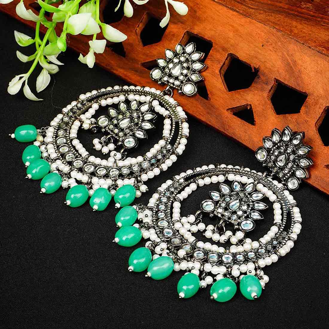 Green & White Chandbali Design Drop Earrings