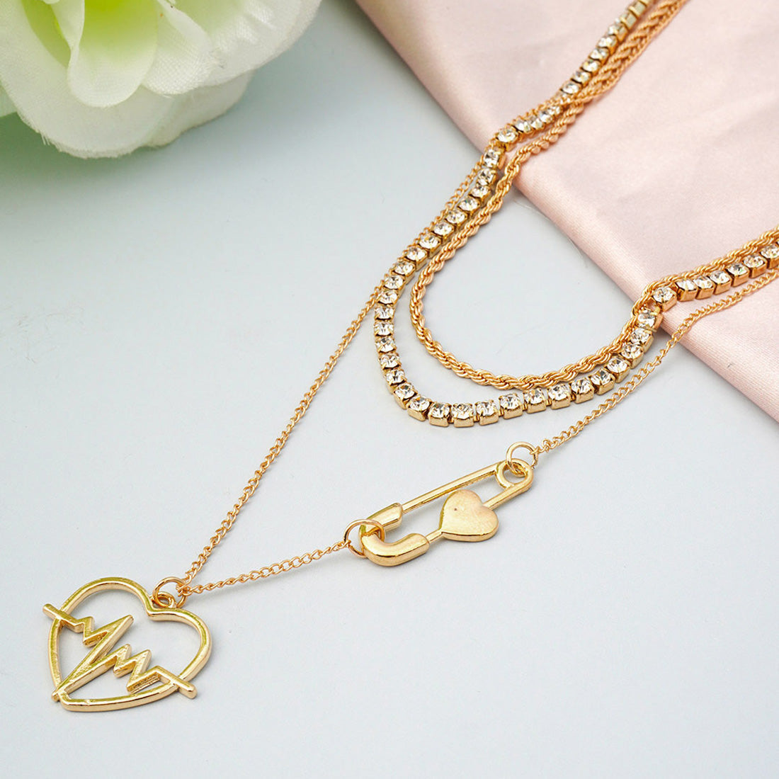 Heart Safety Pin Layered Necklace