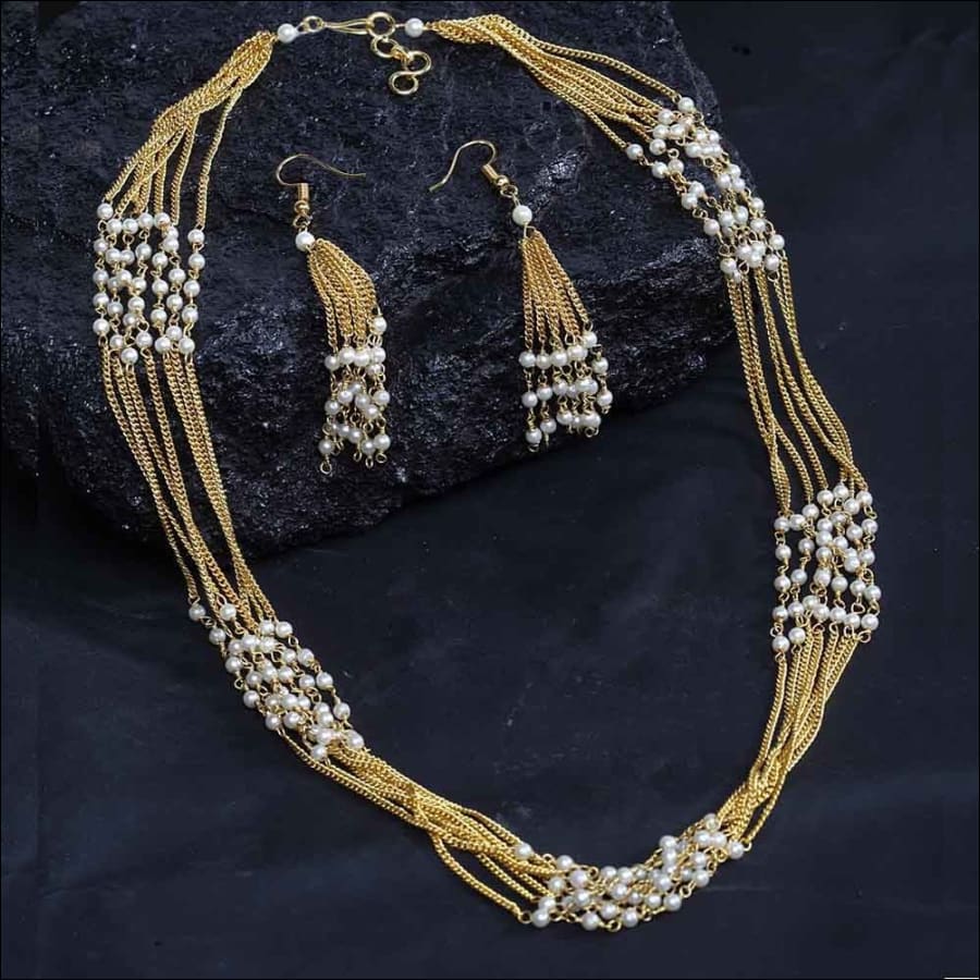 Iksha Golden Faux Pearl Neckpiece-Earrings Set