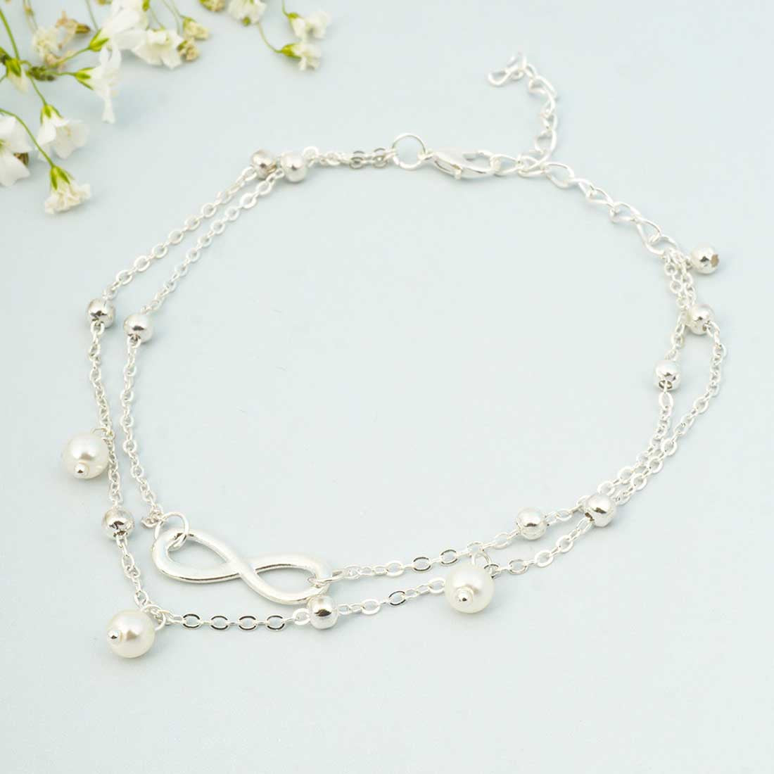 Infinity Beaded Silver Layered Anklet