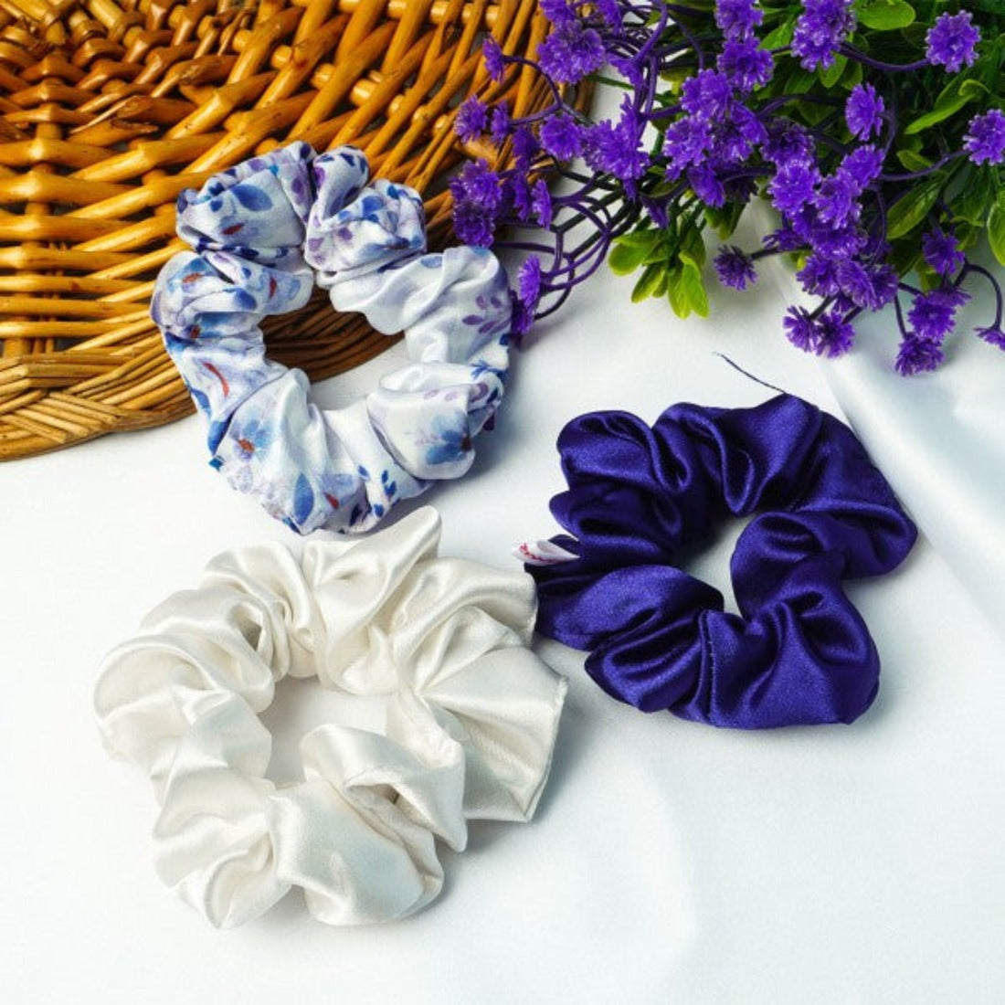 Ink Blue & White Scrunchies Set of 3