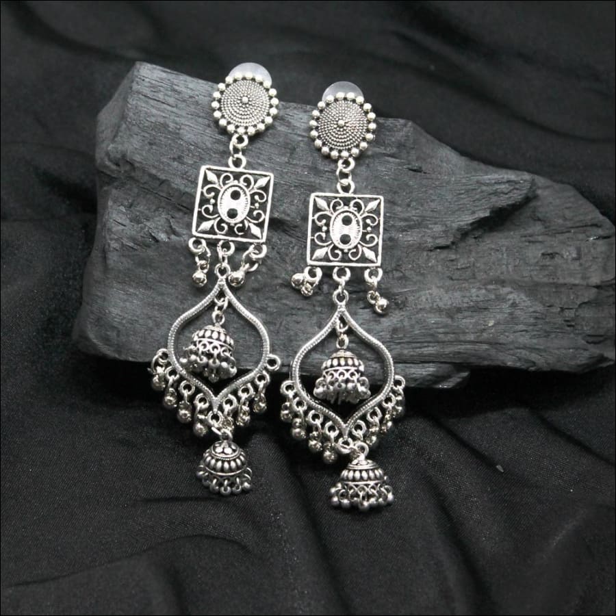 Mahika Artistic Duo-Layered Silver Oxidized Jhumkas