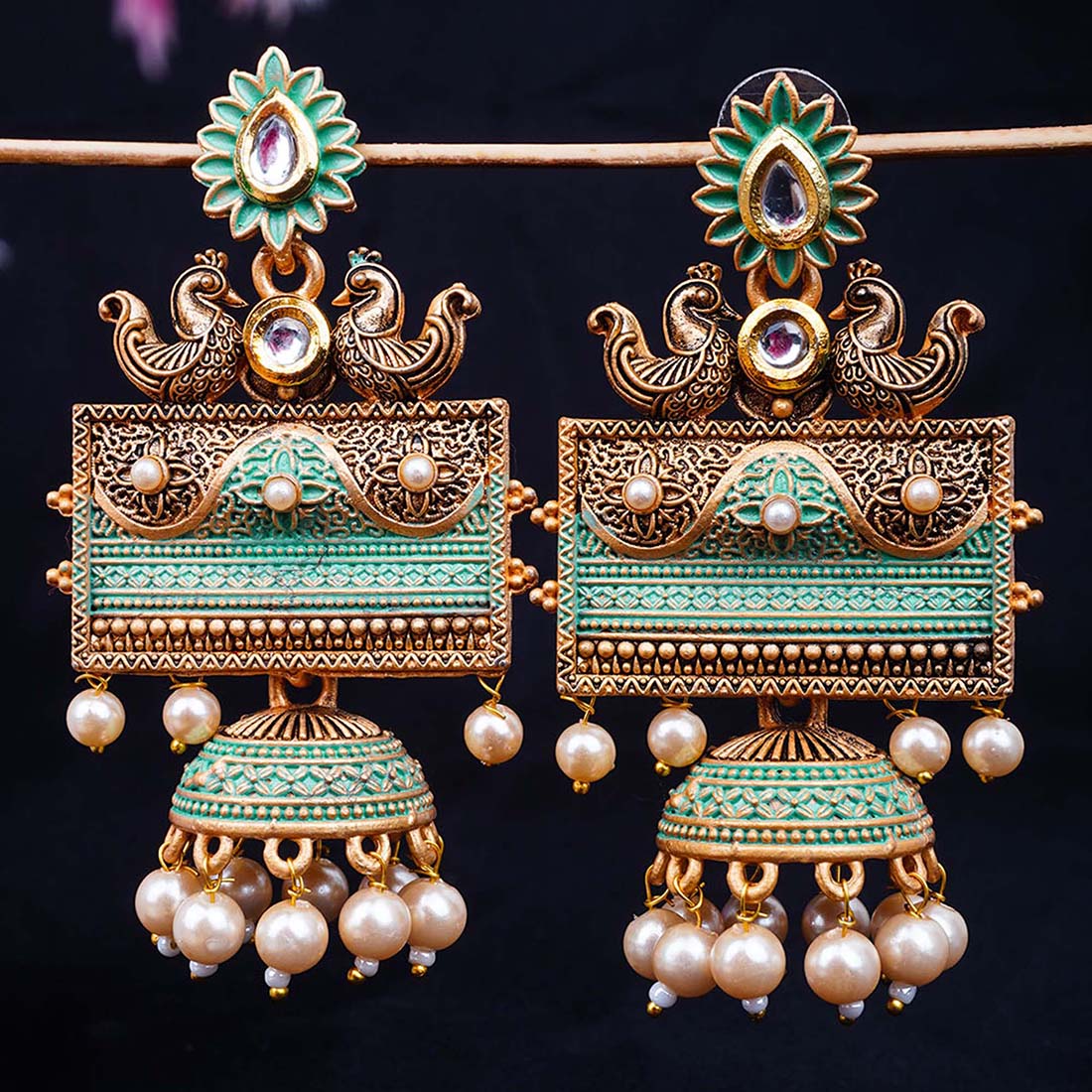 Mint Green Gold Peacock Jhumka Earring