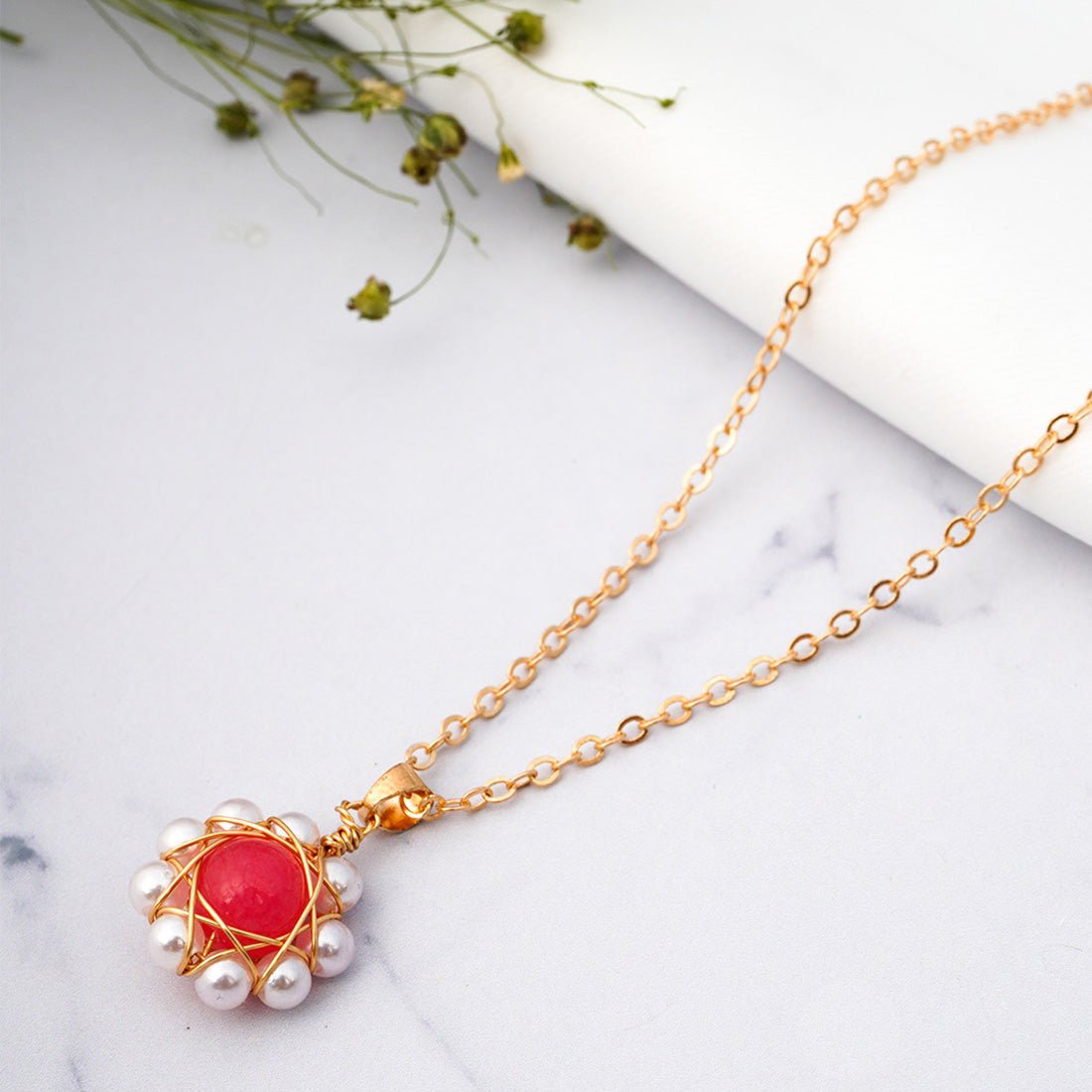 Orange Pearl Flower Necklace
