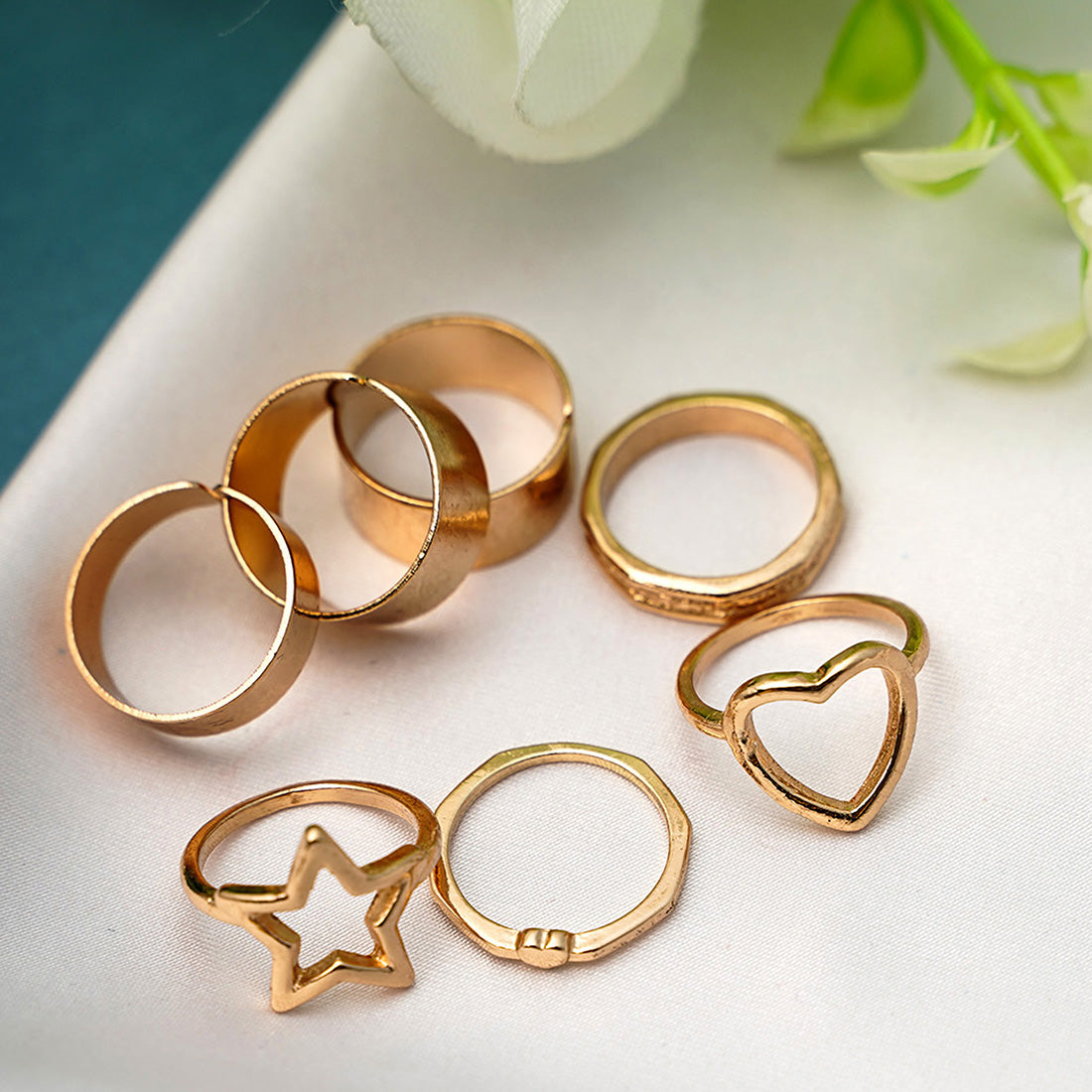 Pack Of 7 Gold-Toned Classic Ring Set