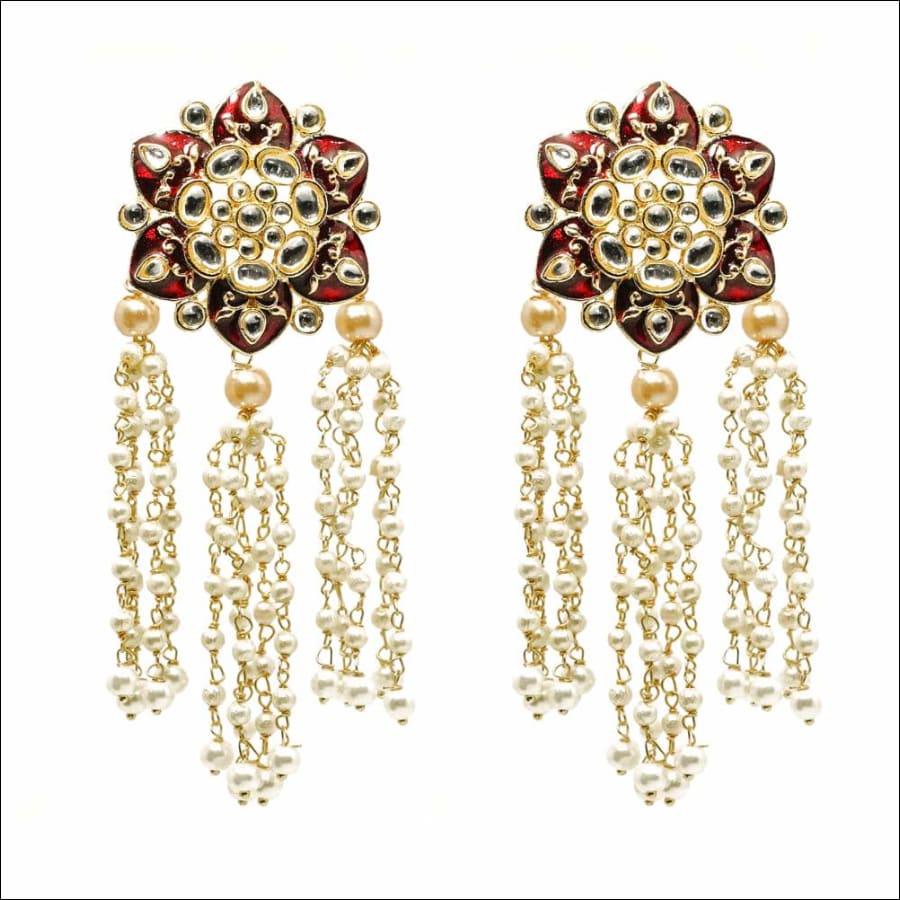 Panini Floral Maroon Stonework Pearl String Earrings