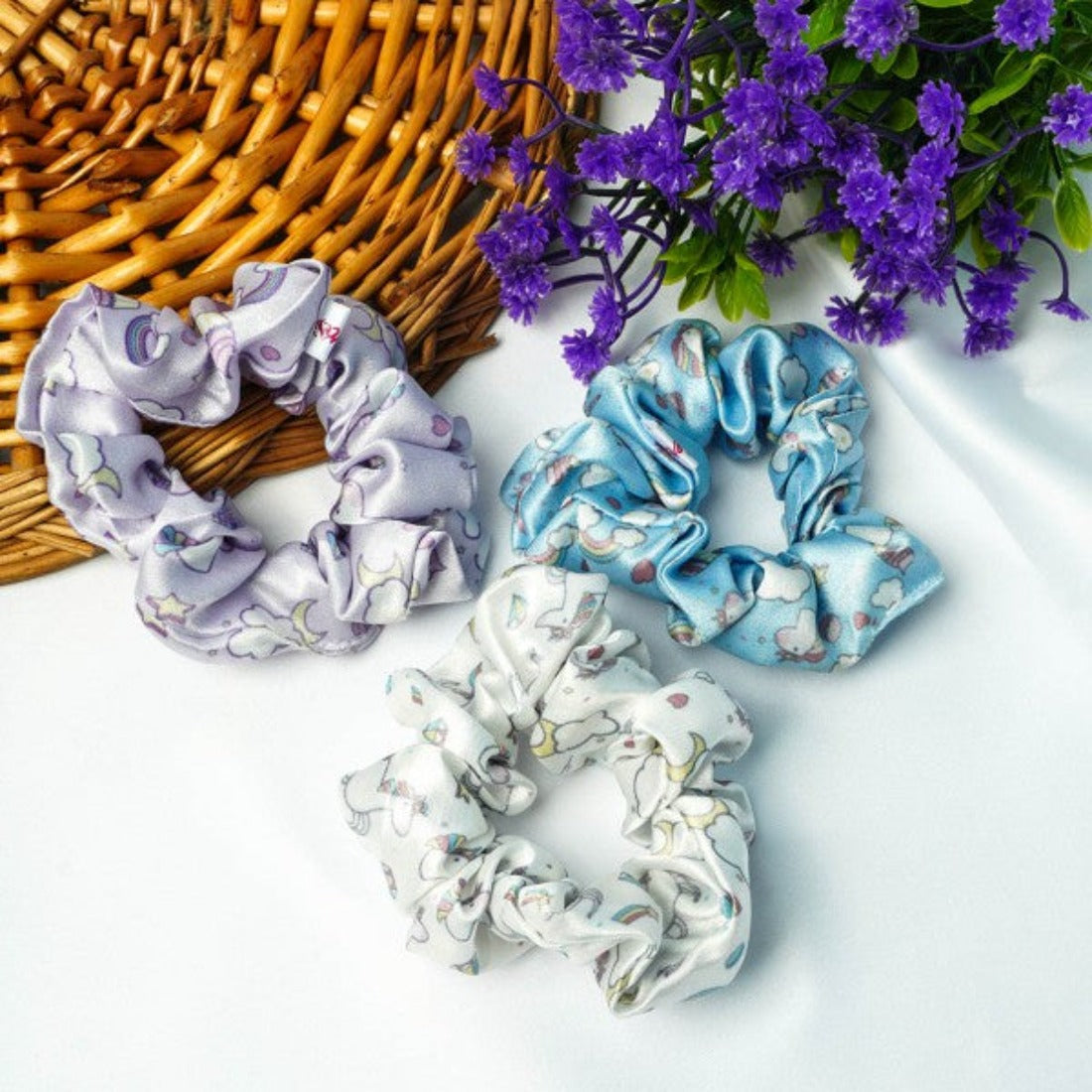 Pastel Lavender, white & Blue Scrunchies Set of 3