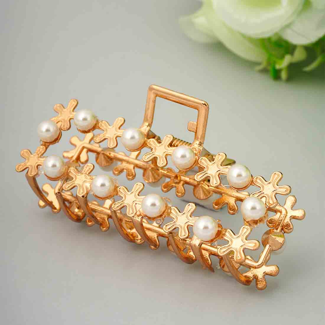 Pearl Embellished Gold Rectangle Hair Clutcher