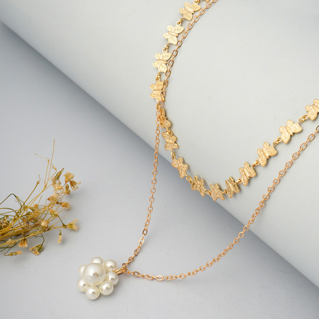 Pearl Flower Butterfly Layered Necklace
